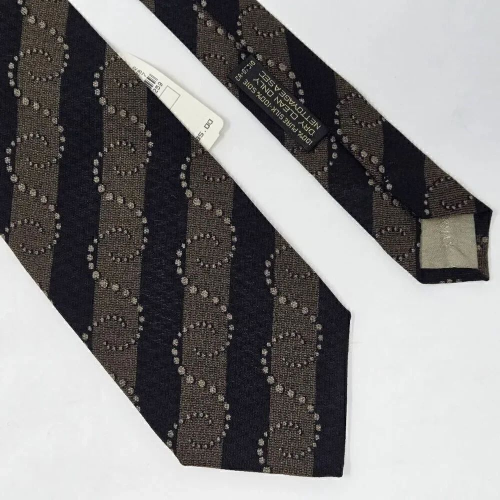 GIORGIO ARMANI CRAVATTE ITALY SILK TIE BLACK TAN BUBBLE STRIPE 4" X 56" NEW NWT